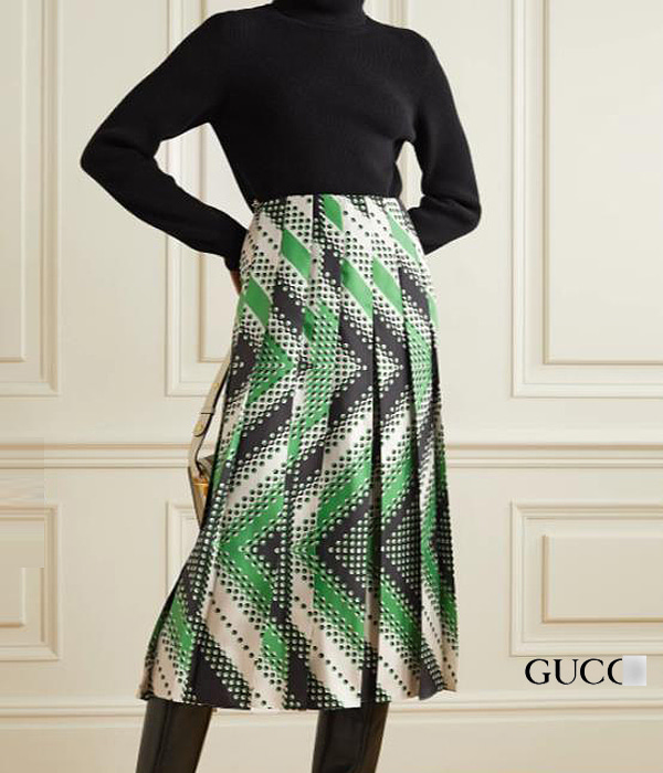 Gucc* Pleated silk-twill skirt;패턴과 컬러조합까지 너무 멋스러운 레트로스커트!!!